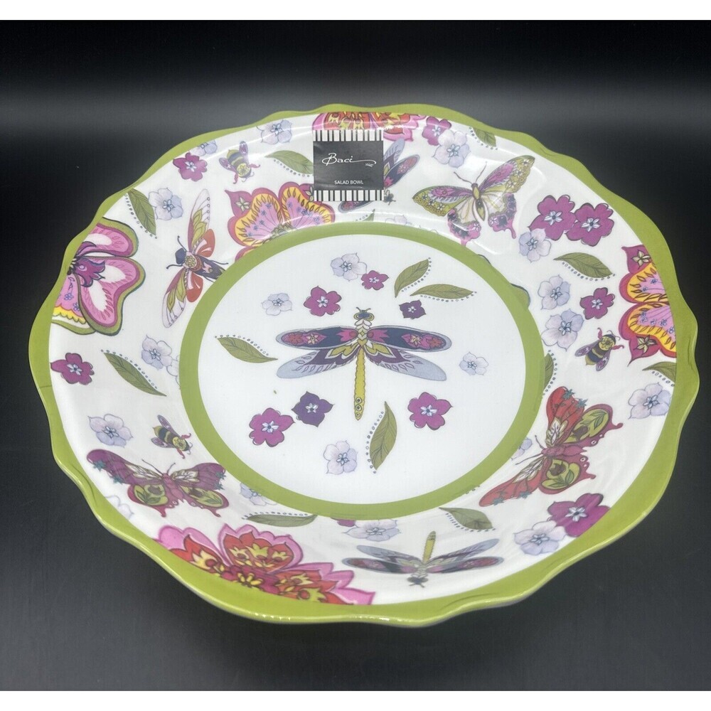 Baci Melamine FLORAL BUTTERFLY‎ Salad Pasta Serving Bowl Scalloped 13.5” NEW